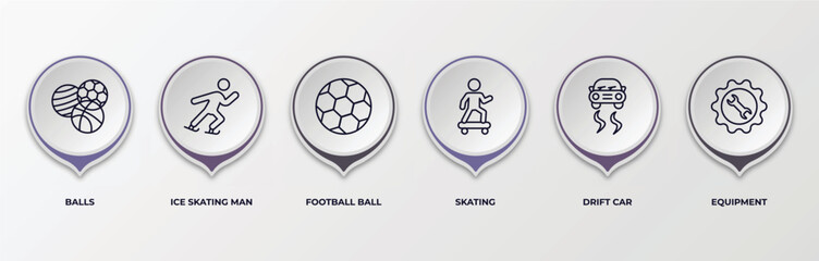 infographic template with outline icons. infographic for sports concept. included balls, ice skating man, football ball, skating, drift car, equipment editable vector. © IconArt