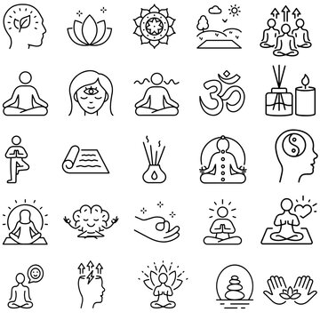 Meditation Icons Set. Preemptions For Meditation, A Technique For Emotional And Mental Relaxation, Linear Icon Collection. Line With Editable Stroke