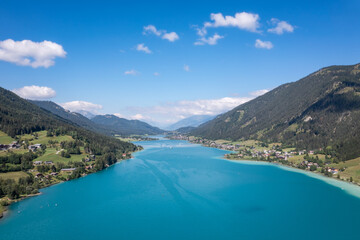 Obraz premium Weissensee in Carinthia. Aerial view to the famous lake in the South of Austria.