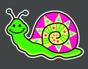 Cheerful snail. Psychedelic hippy sticker. Neon cartoon psychedelic hippy sticker. Hallucination element. Vector illustration