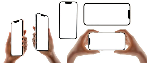 hands holding iphone 14 and iphone 14 plus blank screen PNG