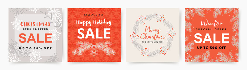 Christmas winter  banners for social media post template. Holiday, new year, xmas festival, sale promotion, background, flyer or poster, story and web internet ads. Vector illustration