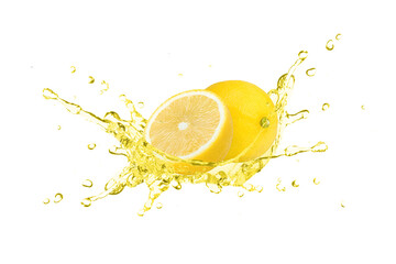 Lemon oil or lemon juice splash with fresh limon fruit isolated on white background. 