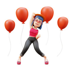 3D illustration. 3D cute female character striking a cool pose against a red balloon background. has a red balloon patch. showing a happy expression.