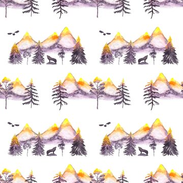 Seamless pattern with abstract watercolor mountains , trees and birds on a white background