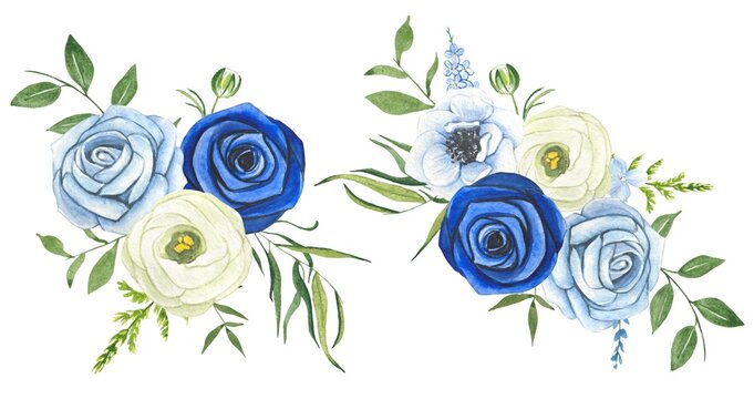 Compositions of blue roses and white flowers with green leaves on a white background. watercolor illustration