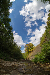 Fototapeta na wymiar Rocky canyon of a forest river in early autumn. Blue sky over mountain river