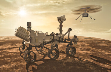 Perseverance rover and his drone Ingenuity on Mars planet © Dayan