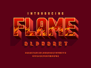 fire style alphabet design with uppercase, numbers and symbols