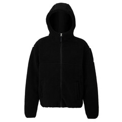 Black fleece jackets with a zipper. Unisex style isolated on white background..Fashionable black wool hoodie coat.