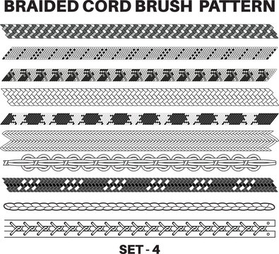 Seamless Braided cord pattern brushes flat sketch vector illustration, Set of Braided Rope cable, Drawstring cord , Drawcord and thread Brush set