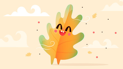 Petite feuille orange en automne, personnage enfant de dessin animé, grand sourire et bonheur de sentir le vent, illustration fond d'écran, mignon et doux