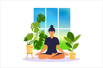 Fototapeta premium Concept woman practicing yoga and meditation on home. The girl sits in the lotus position, the thought process, the inception and the search for ideas. Time management. Vector.