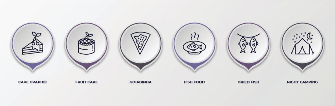 infographic template with outline icons. infographic for food concept. included cake graphic, fruit cake, goiabinha, fish food, dried fish, night camping editable vector.