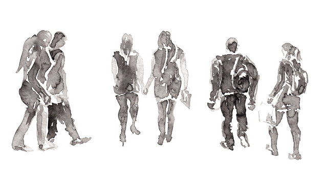 Silhouettes of three walking couples. Isolated on white. Hand drawn sketch with chinese ink on paper textures. Inkdrawn collection. Raster
