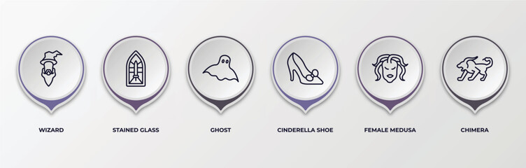 infographic template with outline icons. infographic for fairy tale concept. included wizard, stained glass, ghost, cinderella shoe, female medusa, chimera editable vector.