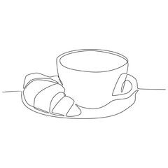 Continuous line drawing a glass of cappuccino with croissant