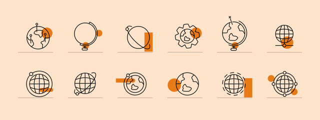Geography set icon. Globe, world, orbit, axis, equator earth, setting, sphere, geolocation, cosmos, universe. Topography concept. Pastel color background. Vector line icon for Business and Advertising