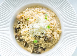 Delicious mushrooms risotto (boletus edulis) and cheese from Zamora, Spain