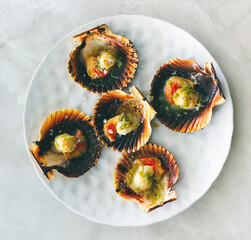Grilled scallops with olive oil, garlic and parsley. Galician style of scallop dish (Vieira)....