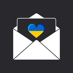 An open congratulatory envelope with an enclosed heart in the colors of the flag of Ukraine on a black background. 