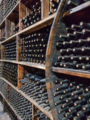Wine cellar with a large number of aged bottled wines in the winery.