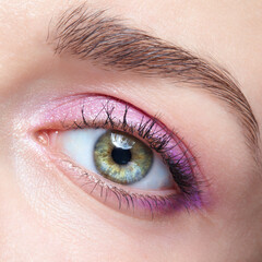 Fototapeta premium Closeup macro shot of human female eye with pink eyes shadows