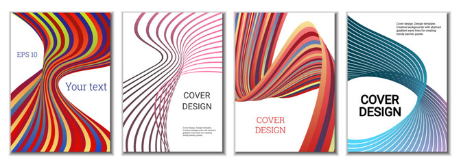 Obraz premium A set of 4 abstract covers. Wavy parallel gradient lines, ribbons evolve. Cover design, background. Trendy banner, poster.