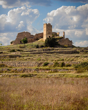 Ruinas del castillo de Pradas, cerca de la población de San Agustín, en la provincia de Teruel. Aragón. España. Europa