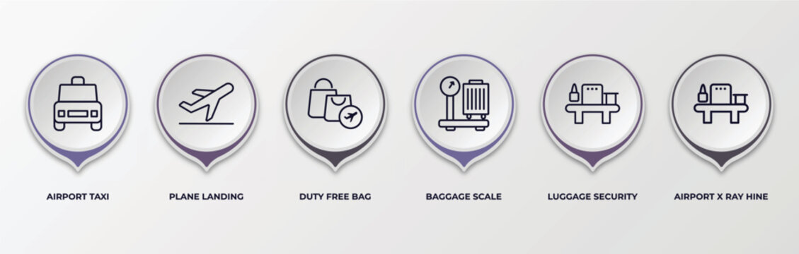 Infographic Template With Outline Icons. Infographic For Airport Terminal Concept. Included Airport Taxi, Plane Landing, Duty Free Bag, Baggage Scale, Luggage Security, Airport X Ray Hine Editable