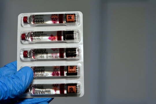 Cairo, Egypt, September 14 2022: Humalog 100 units ml solution for injection in cartridge insulin lispro used to treat diabetes mellitus patients taken before meals as short acting insulin by Lilly CO