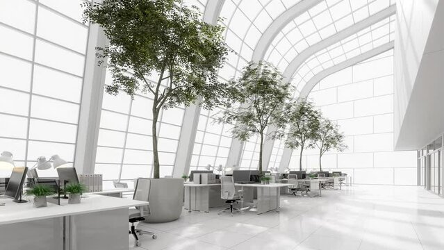 Animation of minimal style modren white high and open office 3d render The room is comfortable and bright with natural light from many windows decorated with big trees