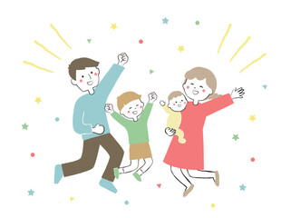 ジャンプする4人家族　親子　喜び　うれしい