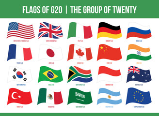 G20 Waving Flags. Group of Twenty Flags. Intergovernmental forum. G20 Isolated Vector Flags Set