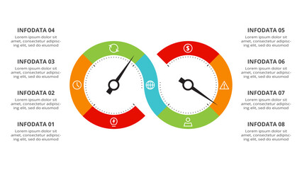 Speedometer infographic with 7 elements template for web, business, presentations, vector illustration. Business data visualization.