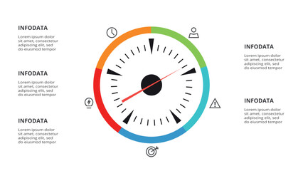 Speedometer infographic with 5 elements template for web, business, presentations, vector illustration. Business data visualization.