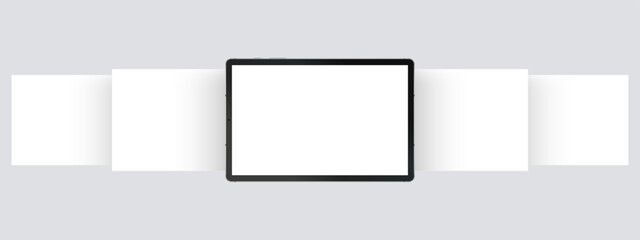 Fototapeta na wymiar Black Tablet Computer Mockup With Horizontal App Screens. Blank Template for Responsive Showcase Presentation. Vector Illustration