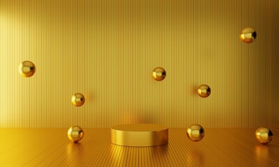 gold podium and golden ball in the gold room.3d rendering.	