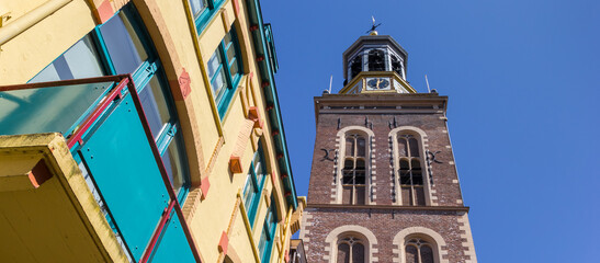 Panorama of a colorful house and belfry in Kampen, Netherlands - obrazy, fototapety, plakaty