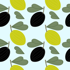 Olive seamless pattern. Black and green Olive seamless pattern for print. blue background. vector illustration