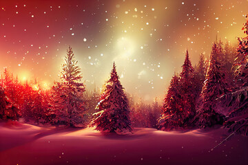 Beautiful forest illustration, Christmas fir trees, winter nature, holiday background, snowfall, outdoor. 3d Illustration