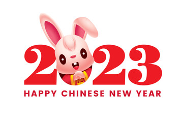 Obraz na płótnie Canvas Cute rabbit cartoon character greeting chinese new year 2023 banner design. Year of the rabbit zodiac illustration