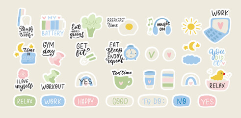Daily routine stickers set. Cute cartoon vector icons and lettering quotes for planning and motivation. Hand drawn flat printable stickers scrapbook for planner and bullet journal