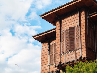 Travel to Turkey and Istanbul banner. The walls of the narrow turkish street with old historic buildings in Istanbul