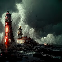 A lighthouse, surrounded by the stormy sea. Fantastic 3D rendered digital illustration. Fantasy.
