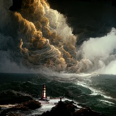 A lighthouse, surrounded by the stormy sea. Fantastic 3D rendered digital illustration. Fantasy.
