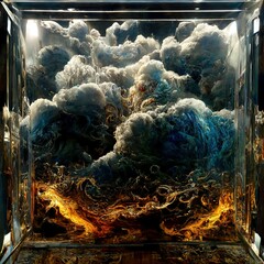 A glass cube filled with chaos. Fantasy. Abstract. Fantastic 3D rendered digital.