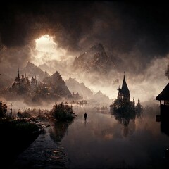 Digitally rendered landscape. Fantastic digital illustration. Moody light.