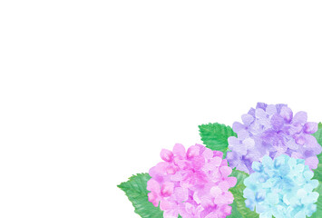 イラスト素材：水彩絵の具で描いたかわいい紫陽花の横位置の背景　右奥に配置（紫・ピンク・水色）（透過背景）
