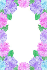 イラスト素材：水彩絵の具で描いたかわいい紫陽花の縦位置の背景（紫・ピンク・水色）（透過背景）